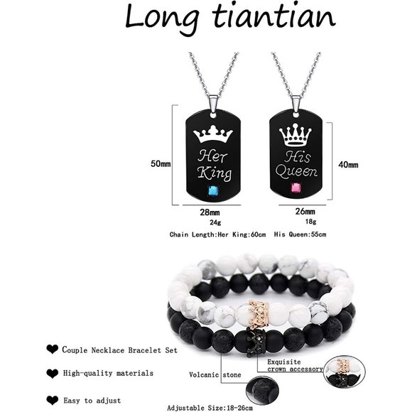 Long tiantian 4Pcs Couple Necklace Bracelet Set Matching Bracelets for C… - Picture 2 of 6